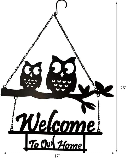 Metal Hanging Owl Welcome Sign Wall Decor,Decorative Rustic Owl hanging Sign for Front Door Yard Patio Indoor Outdoor Wall Decoration