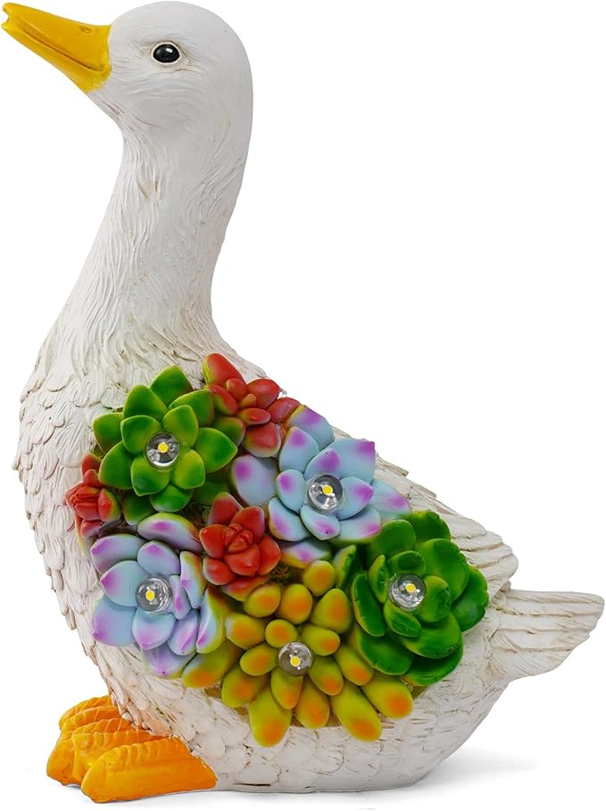 Solar Powered Duck Garden Statue with Succulents & LED Lights – Whimsical Resin Outdoor Decor for Patio, Lawn & Gift