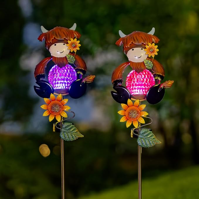 2 Pack Solar Garden Lights, Highland Cow Solar Lights Outdoor Waterproof Global Landscape Lighting with Metal Stake, Decorative Lawn Ornaments for Pathway, Garden Decor