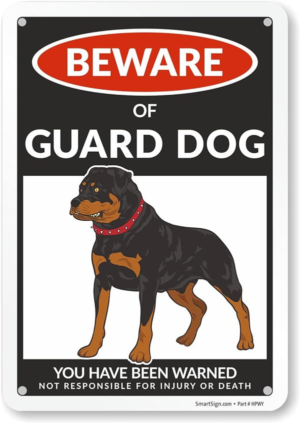 SmartSign Beware Of Guard Dog Warning Sign - 10"x7", 40 mil Laminated Rust-free Aluminum - Funny Metal Signs for Entrances, Outdoors, Patio, Gifts, Cafe - Guard Dog Theme, Made in USA