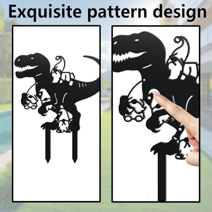 WADORN Dinosaur Gnome Metal Decorative Garden Stakes, Funny Dinosaur Gnome Metal Silhouette Statues Animals Garden Ornament Gifts Black Yard Art Decoration for Outdoor Backyard Patio Lawn Walkways