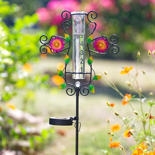 Rain Gauge Outdoor Solar Powered LED Lights Rain Gauge Color Changeable Decorative Water Gauge for Yard,Garden,Patio,Lawn