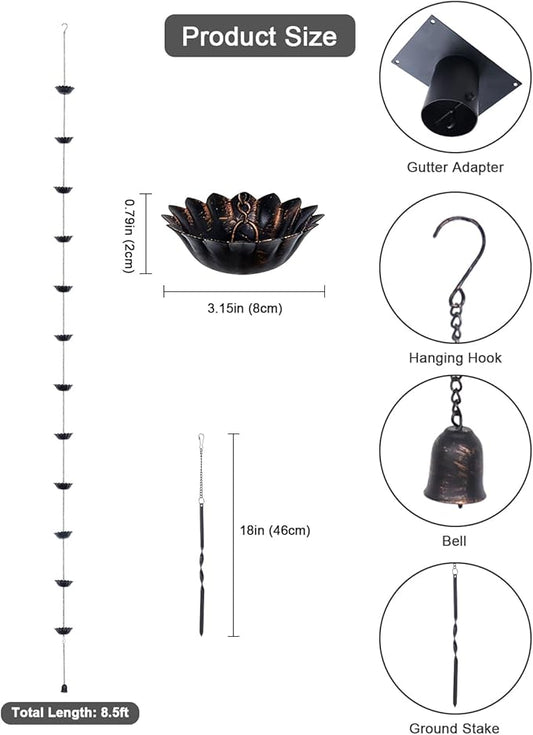 hogardeck 8.5FT Rain Chain with 12 Cups for Gutters Outside, Decorative Metal Rain Catcher with Adapter, Stake & Bell for Downspout Replacement, Garden Drainage, Eaves