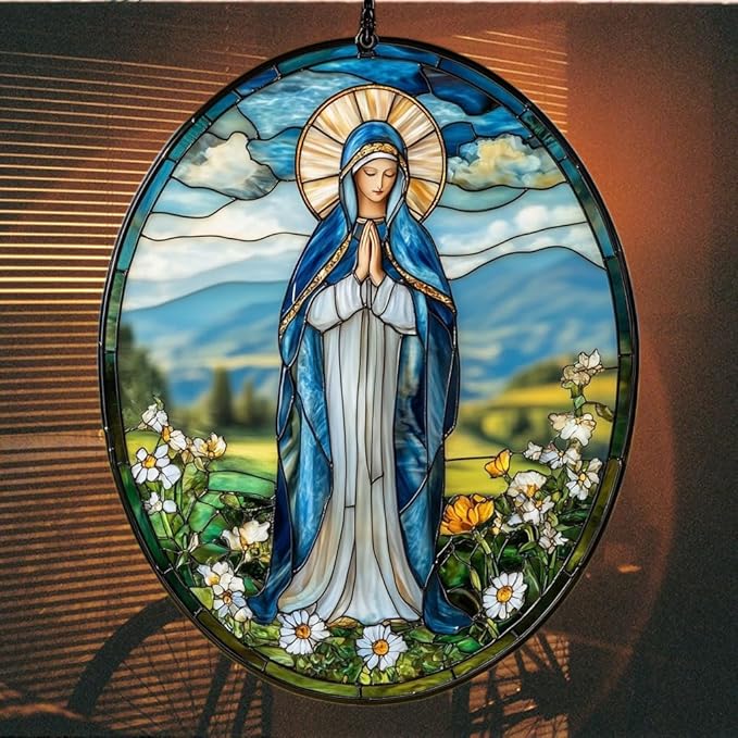Virgin Mary Acrylic Suncatcher Stained Glass Effect Window Car Hanging Christmas Ornament Indoor Outdoor Decor Garden Sun Catcher Panel for Acrylic Suncatcher Lover for Women Mom Grandma