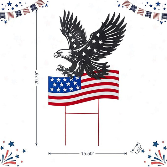Glitzhome 29.75"H Patriotic Americana Metal Eagle Silhouette & Flag Yard Signs,Patriotic Decorative Garden Stakes for 4th of July Decorations Outdoor,Memorial Day Yard Signs for Lawn Porch Decor