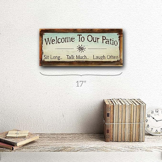 Homebody Accents - "Welcome to our patio" metal sign, framed outdoor 6x16 in rustic porch decor wall art, durable metal for outdoor patio decor, made in USA