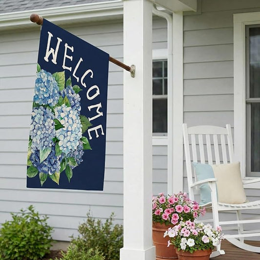 CROWNED BEAUTY Spring House Flag Hydrangea Welcome Double Sided 28x40 Inches Large Burlap Welcome Holiday Seasonal Yard Decoration for Outside Porch