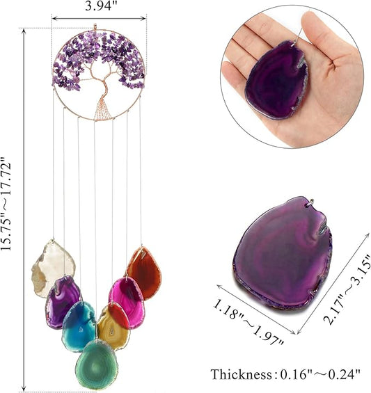 Yoption Amethyst Tree of Life Memorial Wind Chime, Natural Crystal Agate Slices Windchimes for Indoor Outdoor Decoration Ornament, 15.7-17.7 inch