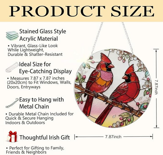 2 Cardinals Acrylic Suncatcher, Red Birds Suncatcher Wall Art, Hand-Painted Sun Catcher Garden Hangings, Decorative Hanging Suncatchers for Window Door Decoration, Memorial Gift