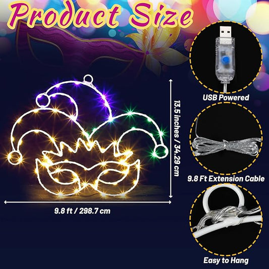 Baquler Mardi Gras Window Lights 13.5 Inch Mardi Gras Window Decorations Jester Mask Hanging Light up USB Powered with Timer and 8 Lighting Modes for Home Wall Indoor Outdoor Decor