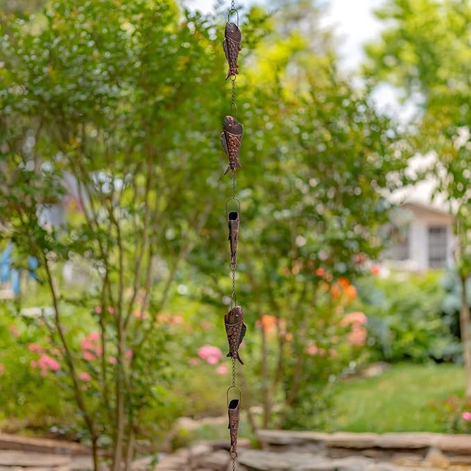 Zaer Ltd. Ornate Hanging Rain Chains (Bronze Finish, Rainbow Trout Fish)
