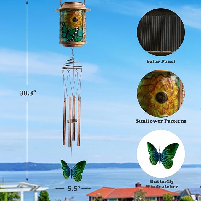 Solar Wind Chimes for Outdoor, Butterfly Garden Decorations Memorial Wind Chimes Deep Tone, Sympathy Windchimes for Outside Garden Décor, Gifts for Mom, Grandma-Butterfly