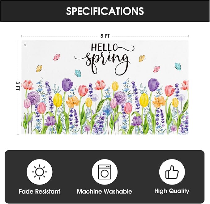 AVOIN colorlife Hello Spring Tulip Lavender House Flag 3x5 FT Double Sided, Seasonal Flower Large Banner Yard Outdoor Flag