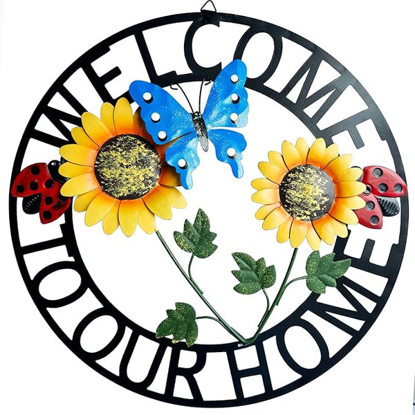 Hanging Sunflower and Butterfly Welcome Wreath, Outdoor Garden Ladybug Decor for Front Door, Porch or Backyard, Metal Construction