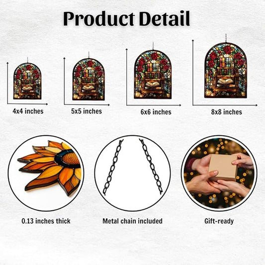 Floral Library Bookshelf Acrylic Suncatcher Stained Glass Effect Window Car Hanging Christmas Ornament Indoor Outdoor Decor Garden Sun Catcher Panel for Book Lover for Women Mom Grandma