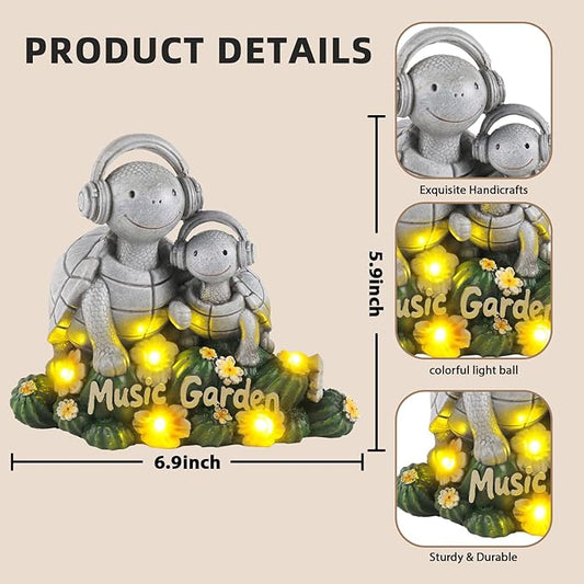 Solar Garden Turtle Statue 5.9"with Headphones,Solar Statue with 5 LED Lights,Anti-Fade Stone Texture Turtle Gifts for Women Men Mom Dad,Unique Resin Lawn Ornaments for Patio Yard Lawn Balcony