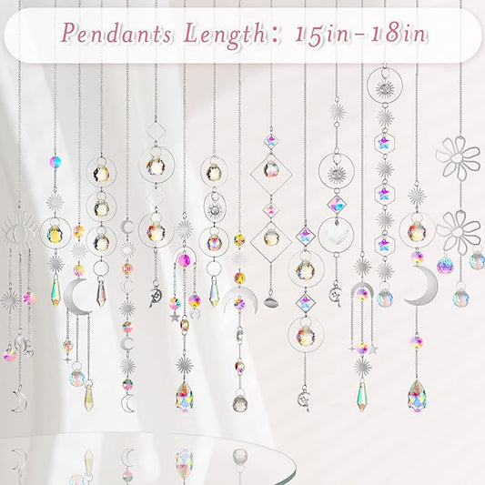 Ysleen 16 Pcs Crystals Suncatcher Colorful Hanging Sun Catcher for Window with Chain Pendant Ornament Prism for Garden Wedding Party Indoor Outdoor Decoration Gift(Silver)