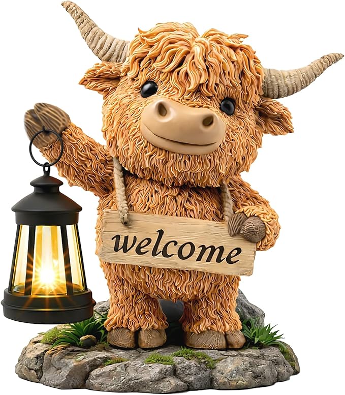 Solar Garden Statue Highland Cow, Whimsical Farm Animal Outdoor Decor with Lantern, Waterproof Resin Garden Yard Patio Gift for Mom Grandma Women