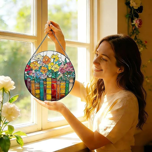 Stained Glass Window Hanging, 8 Inch Book Ornament Suncatcher, Sun Catchers Indoor Window, Flowers Suncatchers for Windows Hanging, Spring Home Garden Decor Panel, Book Lovers Gifts for Women Teacher