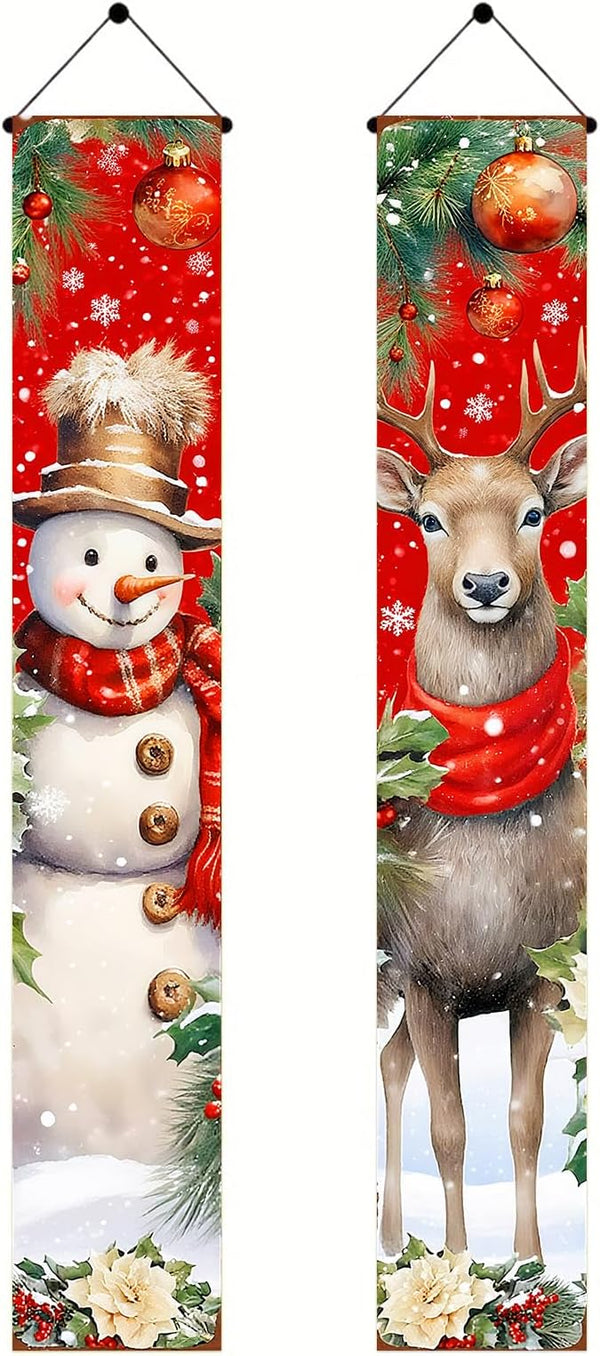 BlissYard Red Christmas Snowman and Reindeer Banners for Front Door Merry Christmas Door Banner Holiday Welcome Home Christma Decorations Xmas Porch Signs Winter Holiday Decor Elegant Porch Party Supplies 12x71 Inch