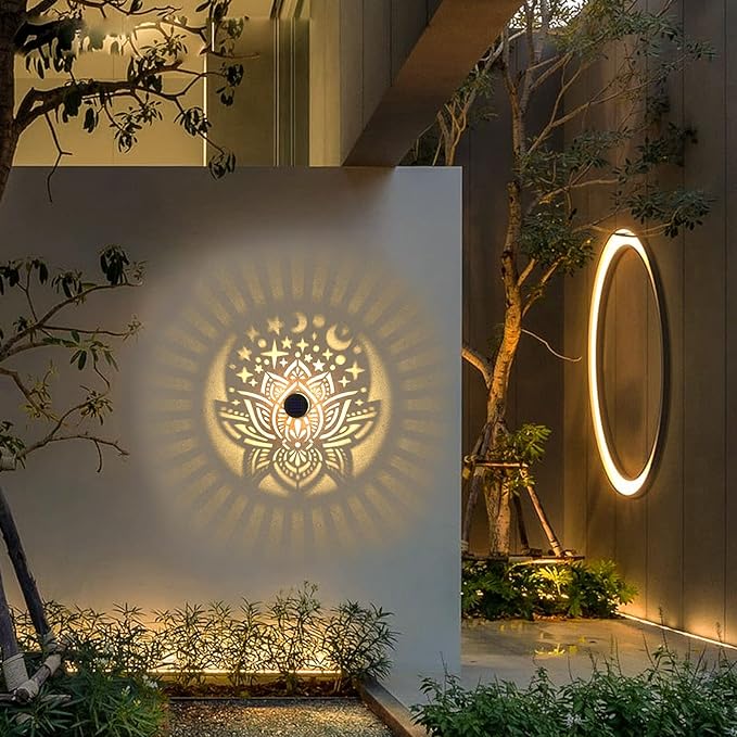 gardencave 2 Pack Solar Fence Lights Metal Solar Powered Outdoor Wall Deck Lights Lotus Theme Waterproof Fence Light for Garden Post Patio Backyard Yard Decor (Lotus, 2 Pack)
