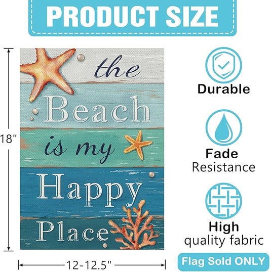 Dyrenson Summer The Beach is My Happy Place Decorative Garden Flag, Blue Coastal Starfish Farmhouse Yard Outside Home Decoration, Coral Pearl Nautical Rustic Outdoor Small Decor Double Sided 12 x 18