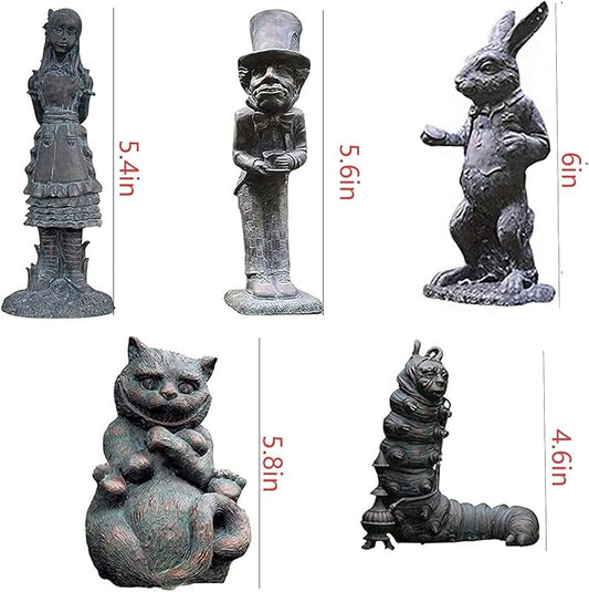 Alice in Wonderland Outdoor Statues - 5PCS Set | Ideal for Alice in Wonderland decor crafted from durable hand-cast stone resin, perfect for indoor and outdoor garden, patio, lawn, and yard decoration