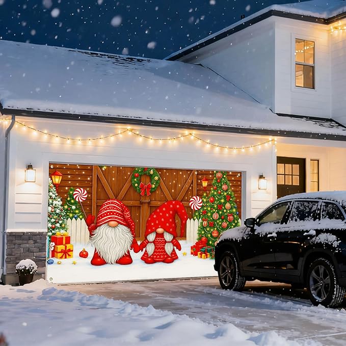 IVN Christmas Garage Door Cover Decoration 13x6ft Gnomes by Barn Doors with Tree Merry Christmas Garage Door Banner Home Door Front Yard Decor for Xmas Eve Holiday Outdoor