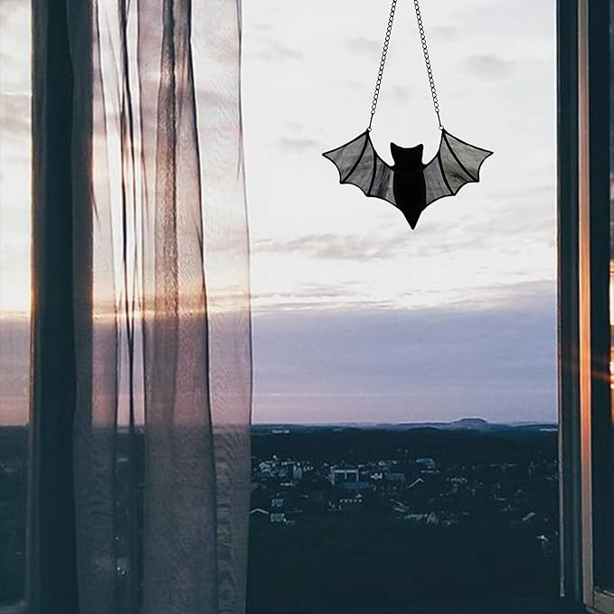 Halloween Bat Decoration Stained Glass Window Hangings - Bat Suncatcher Ornaments Spooky Bats Craft Window Decor Gifts(3.9"×3.9")