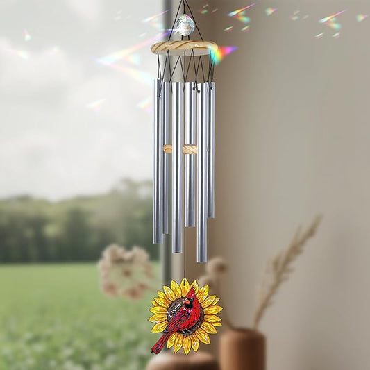 Personalized Memorial Wind Chimes for Loss of Loved One, Custom Crystal Sunflower Cardinal Memory Ornament, Remembrance Gifts for Loss of Mother Dad, Sympathy Suncatcher Windchimes, Garden Décor