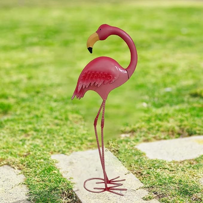 Metal Flamingo Garden Statue Outdoor Yard Art, Iron Animal Figurine Landscape Ornament for Lawn Patio Poolside Decor- Height 48 cm