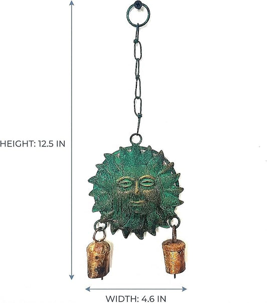 Metal Sun Wind Chime with Cow Bells – 12.6" x 4.6", Green Patina & Copper Finish, Celestial Garden Decor for Patio, Porch, or Balcony