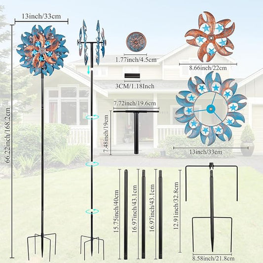 Wind Spinner Outdoor,Blue Copper Kinetic Metal Wind Spinner for Yard,Rustproof&Waterproof Wind Sculpture,Metal Pinwheels for Yard Lawn Yard Art Outdoor Decor 13 * 66.2 inches