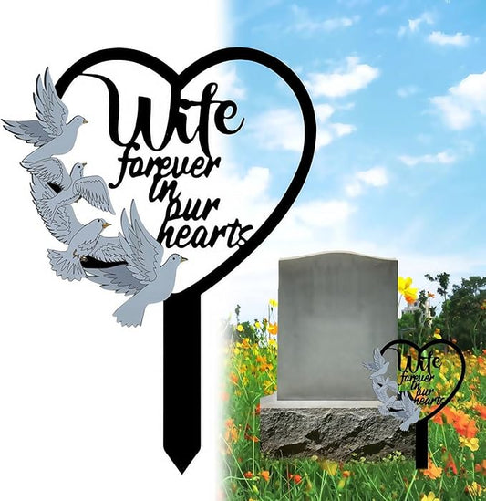 HPMAISON 11 inch Metal Wife Memorial Stake Grave Decorations for Cemetery Gravesite Sympathy Markers Waterproof Memorial Gifts for Loss of Wife Tombstones Plaque Outdoors Lawn Yard Decor
