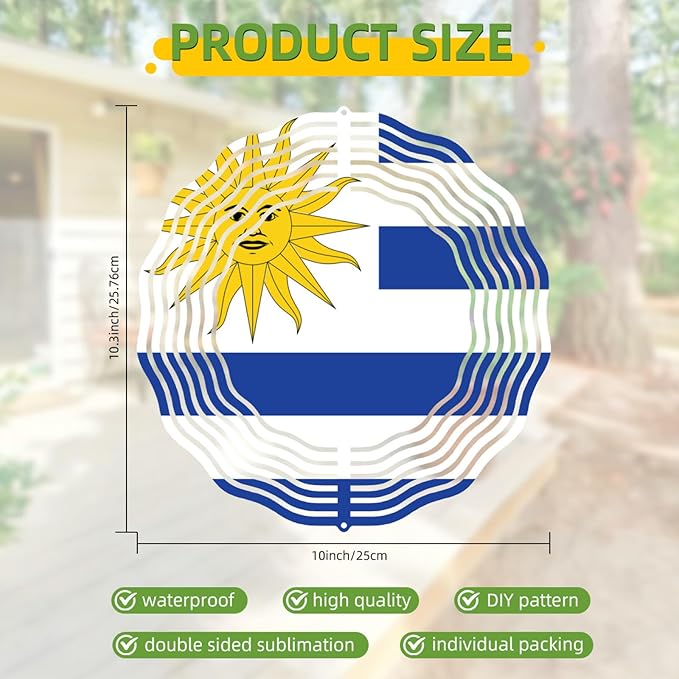 Wind Spinners Outdoor Uruguay Uruguayan Flag 3D Kinetic Sculptures Chimes 10 inch Mandala Flower Tinplate Metal Art Garden Patio Yard Room Classroom Decorations Indoor Decor