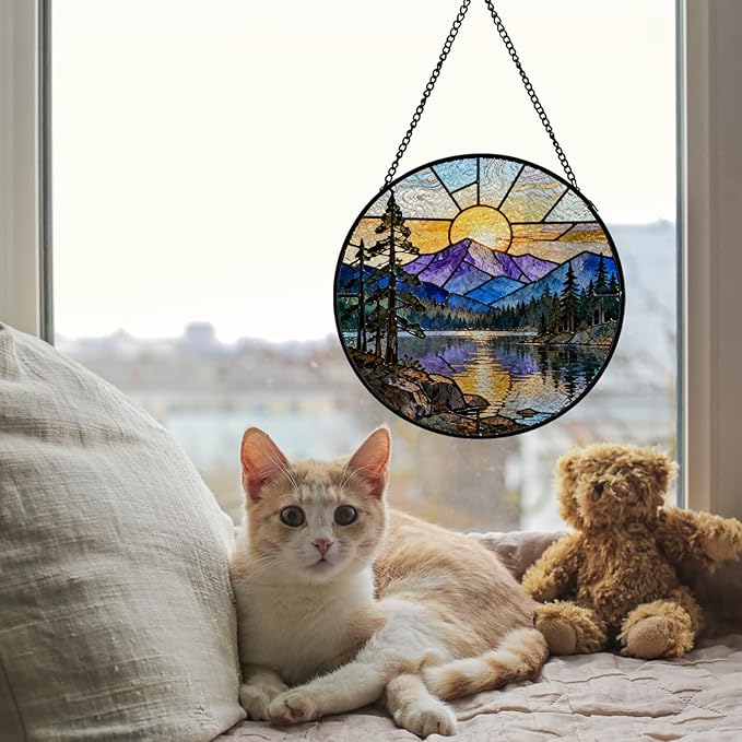 Rustic Lake Mountain Sunset Stained Glass Window Hanging, Nature Forest Lake Scenic Landscape Suncatcher Indoor Window Glass Round Wall Art Decor, 7.9x7.9 Inch