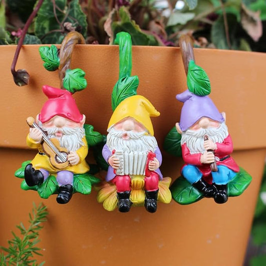 Set of 3 Cute Climbing Gnome Figurines Flower Pot Hugger, Resin Hanging Gnomes Statue Outdoor Decor Fence Ornaments for Patio Lawn Garden Yard (Music Gnome)