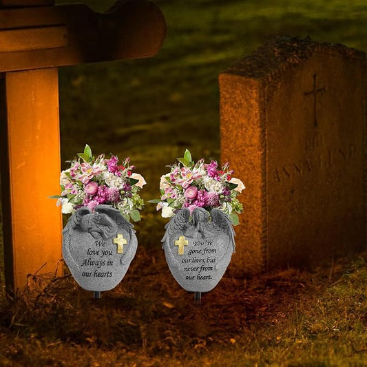 Angel and Cross Cemetery Grave Memorial Vases,Cemetery Flowers for Grave,Grave Decorations for Cemetery,Set of 2 Cemetery vases with Spikes,Memorial Gifts for Loss of Loved (2gary)