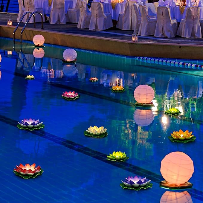 Waterproof Floating Lotus Light, 12PCS 5’’+ 6’’ Floating Lily Light Water Activated Artificial Flowers Battery Operated for Wedding Pool Anniversary Garden Decor(Mix-Color)
