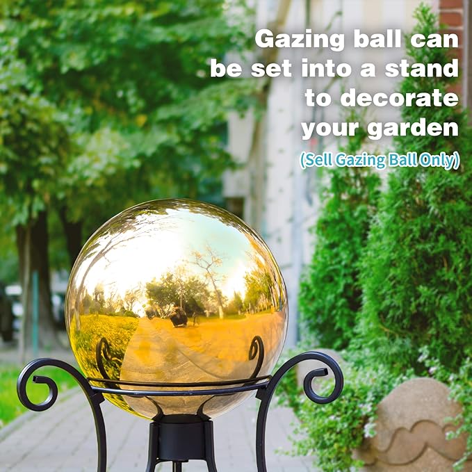VCUTEKA Gazing Ball, Glass Mirror Polished Hollow Ball Reflective Garden Sphere, Gazing Globe for Home Garden Lawn Outdoor Ornament Yard Decorative 10-Inch, Gold