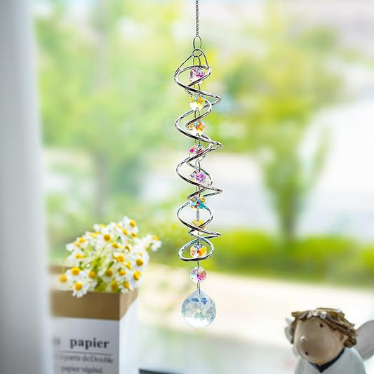 H&D HYALINE & DORA 20.5in Crystal Sun Catcher,Colorful Hanging Suncatcher with Octagonal Beads and Chain,Gazing Ball Spiral Tail,Rainbow Crystals for Indoor Outdoor Garden Decoration