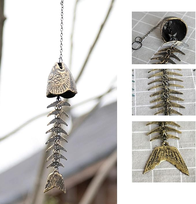 Fish Wind Chime, Fishbone Wind Chime, Fish Bone Cast Iron Wind Chimes Vintage Metal Wind Chimes Outdoor Soothing Melody for Garden Home Yard Porch Hanging Decor (Bronze)