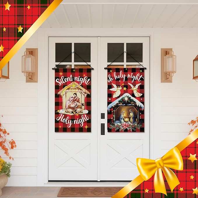 Tegeme 3 Pcs Nativity Christmas Door Sign Flag Christmas Holy Night Door Banner Jesus Nativity Flag 12 x 19 Inch Holiday Hanging Decoration for Home Outdoor