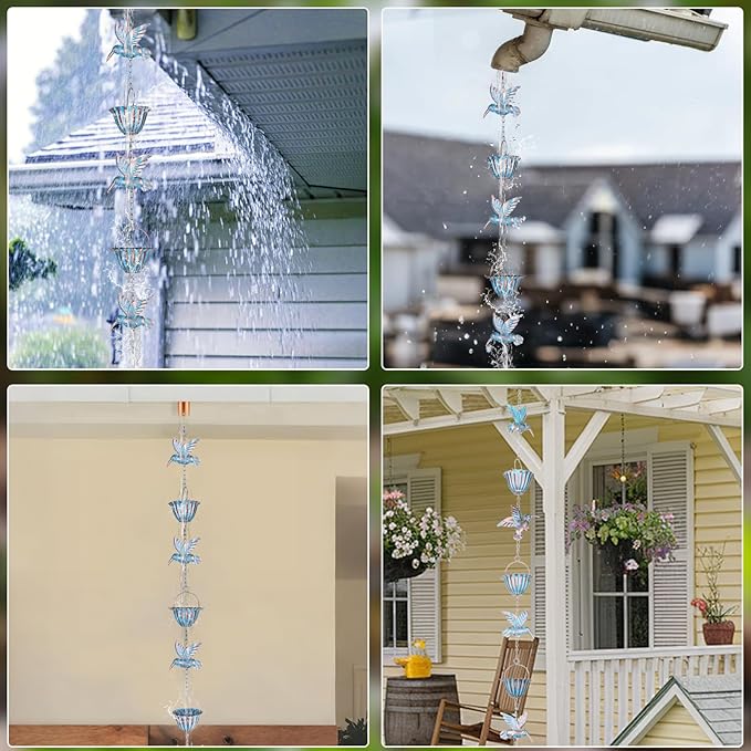 7.9ft Rain Chains for Gutters Outside, Rain Catcher Chain with 7 Metal Cups & Hummingbird Decor, Adjustable Rain Catcher Chain Replacement Downspout for Gutters, Garden Drainage & Eaves