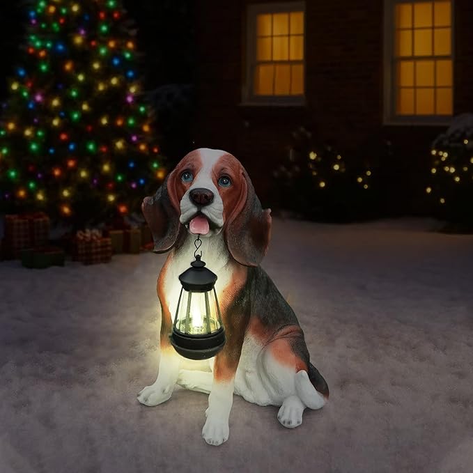 Beagle Dog Garden Statue with Solar Lantern, 16.9" Large Outdoor Animal Figurine with Double-Sided Welcome & On Patrol Sign, Yard Patio Porch Lawn Decor, Pet Lover Housewarming Gift