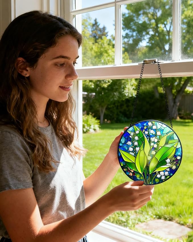 Stained Glass Window Hanging, Lily of The Valley Sun Catchers Glass Panel, Suncatcher Window Decor 8", Birthday for Women Men Mom and Friend Colleague