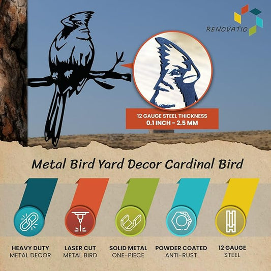 Renovatio Metal Bird Decor, Cardinal Gifts for Father, Stylish Decoration for Yard & Garden, Perfect Outdoor Yard Art, 12 Gauge Thick Steel – Ideal Backyard Decor&Bird Ornaments – Cardinal Bird(Black)