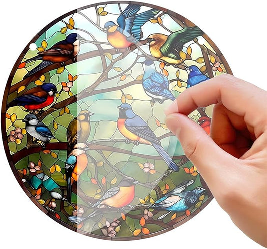 Stained Glass Window Hanging Suncatcher – Paint Cardinal & Hummingbird Panel, Round Glass Ornament, Birds on a Branch Nature Decor, Colorful Gift for Bird Lovers, Family, and Friends 5.9x5.9 in
