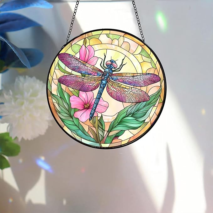 Bimkole Dragonfly Stained Glass Suncatcher Window Hanging - Flowers Design for Indoor Window or Doorway Decoration - 7.87x7.87 inch with Chain and Hook - Unique Home Decor Gift