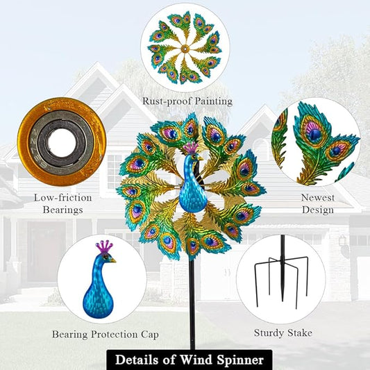 Wind Spinners Outdoor Peacock, 63 Inch Double-Sided Garden Windmill for Yard with 8 Green Feather Blades, Large Metal Garden Wind Spinner
